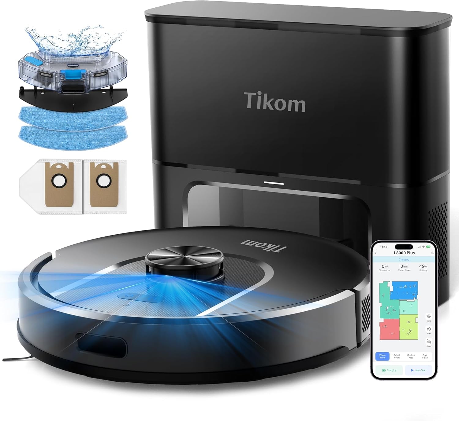 Robot Vacuum and Mop, Robotic Vacuum Cleaner with Self-Emptying Base | 6000Pa, 90 Days Capacity, Lidar Navigation, Home Mapping, Ideal for Pet Hair, Hard Floors, Carpet (L8000 Plus)